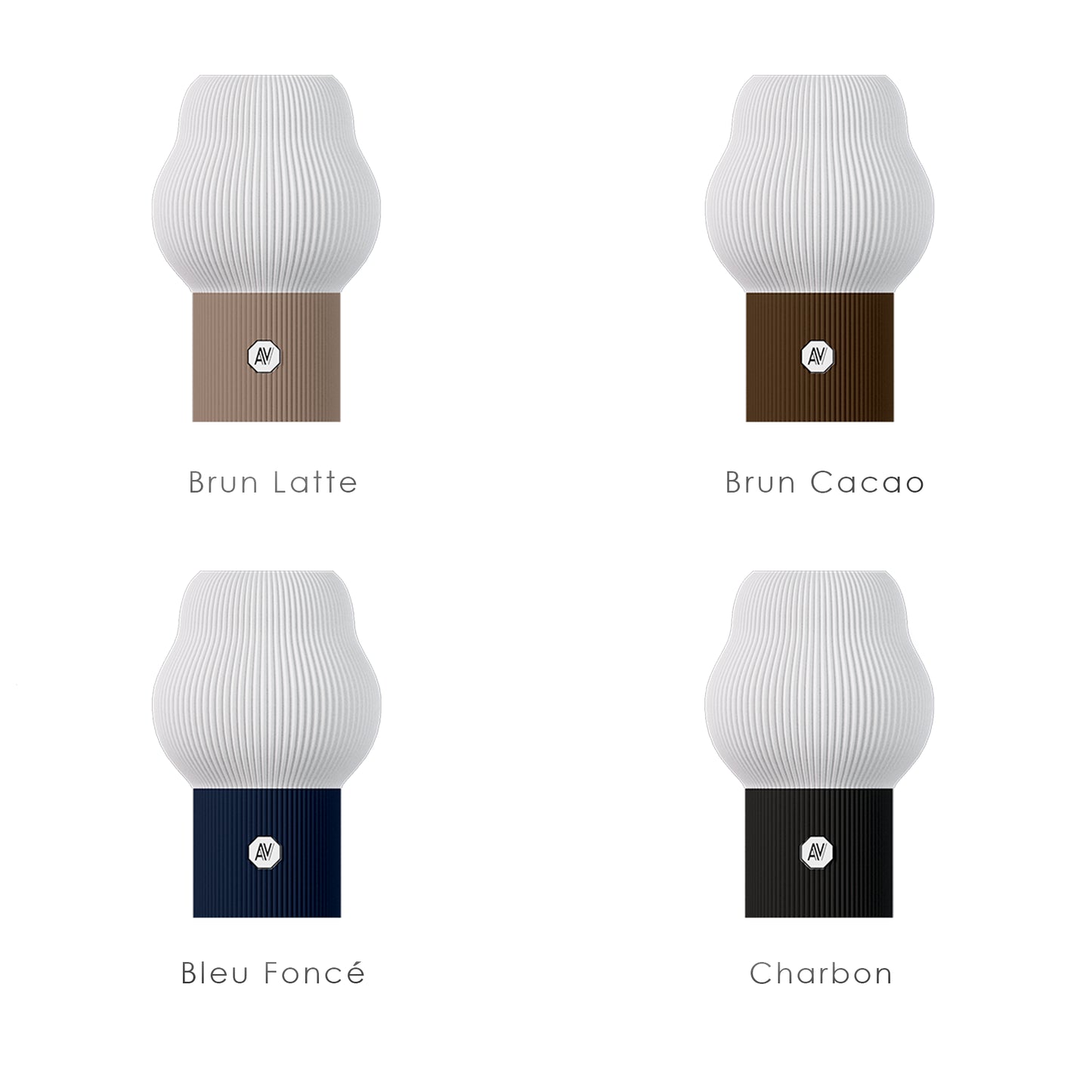 Variations de coloris de la lampe design AubeVolume – pieds en plastique recyclé : Brun Latte, Brun Cacao, Bleu Foncé, Charbon – design durable et esthétique.