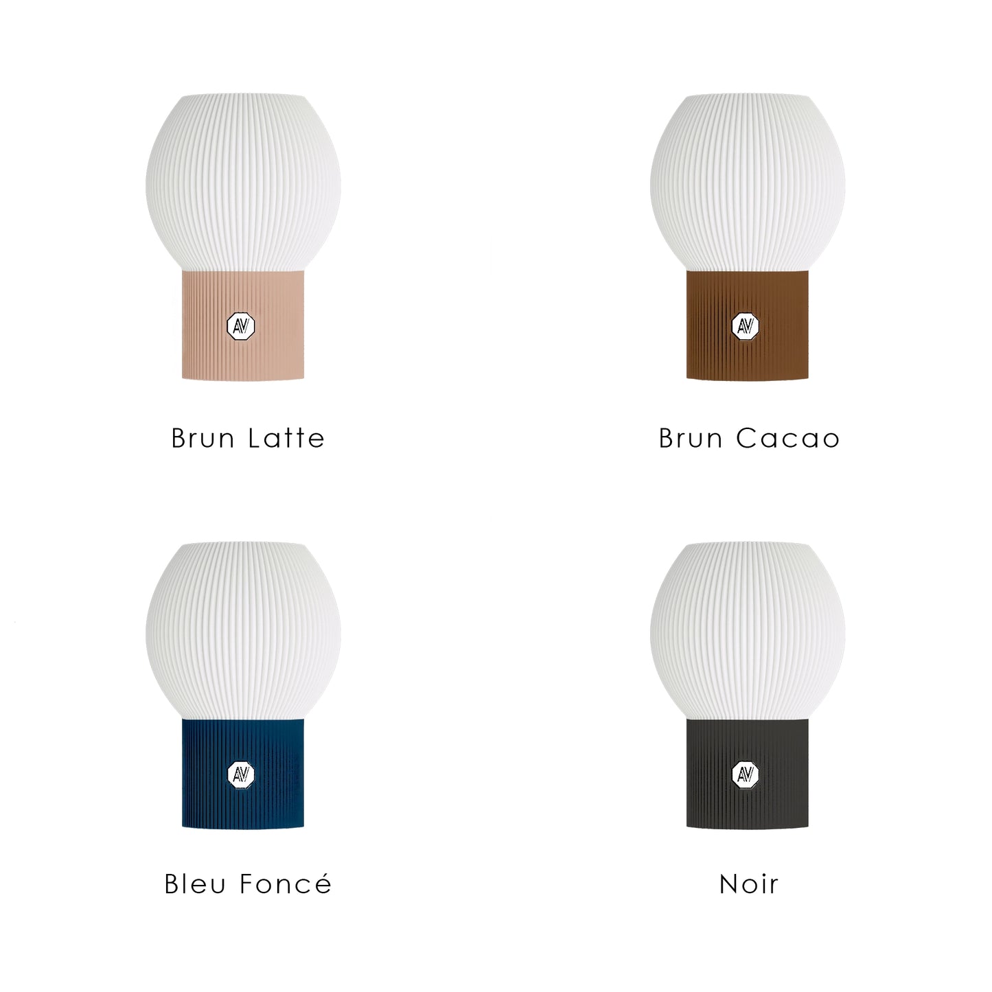 Variations de couleurs de la lampe design écoresponsable AubeVolume — modèles Brun Latte, Brun Cacao, Bleu Foncé et Noir
