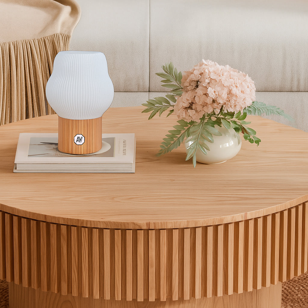Lampe design AubeVolume couleur Brun Latte, en plastique recyclé – décoration naturelle et chaleureuse – design éthique.
