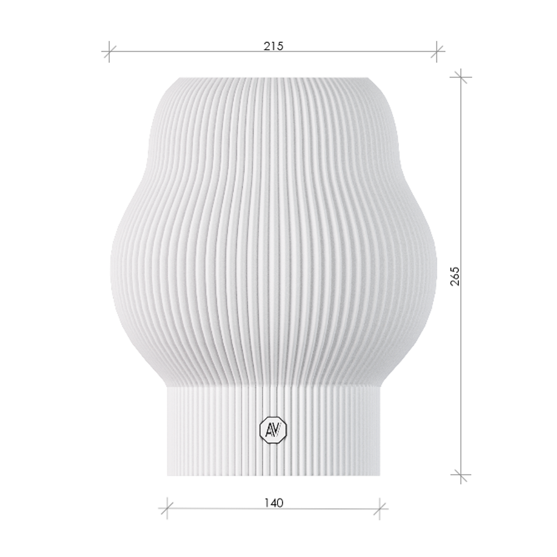 Dimensions de la lampe AubeVolume Cloud L – hauteur 265 mm, diamètre 215 mm – conçue en plastique recyclé.