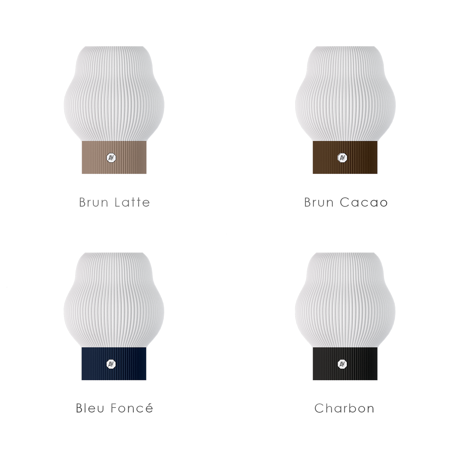 Lampe design AubeVolume modèle Cloud M – coloris Brun Latte, Brun Cacao, Bleu Foncé et Charbon – fabriquée en plastique recyclé.