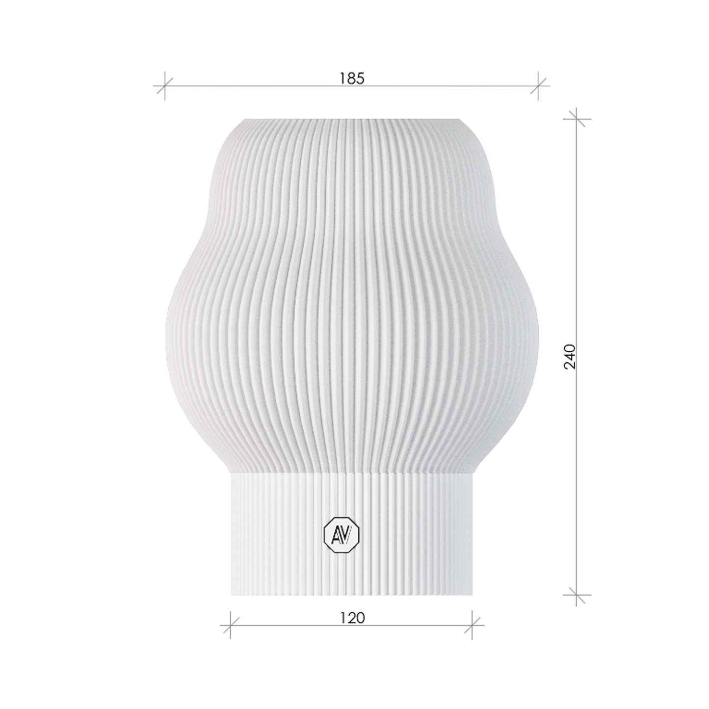 Dimensions de la lampe design AubeVolume Cloud M – luminaire fabriqué en plastique recyclé – 240 mm de hauteur, 185 mm de diamètre.