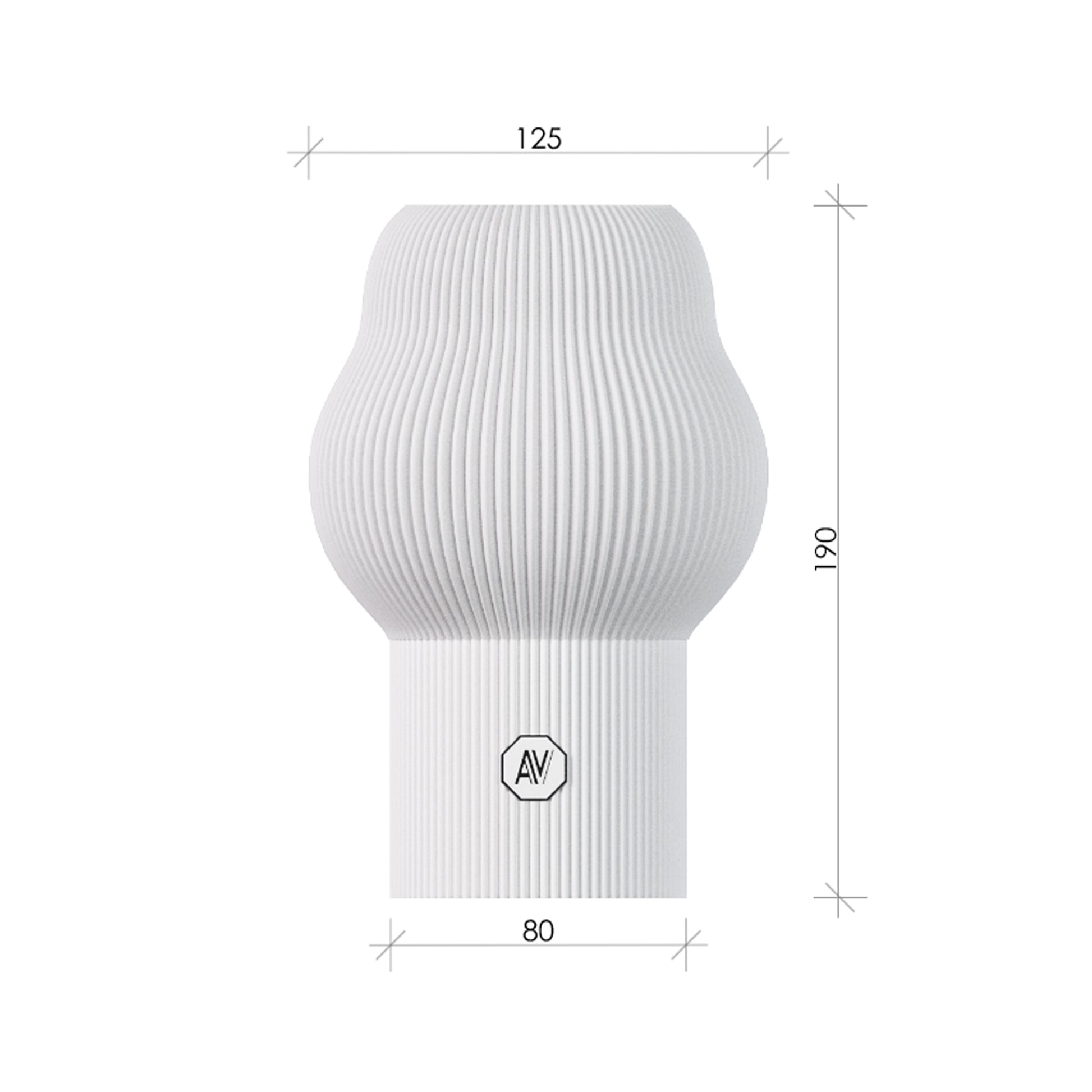 Dimensions de la lampe design AubeVolume – 190 mm de hauteur, fabriquée à partir de plastique recyclé – design moderne et durable.
