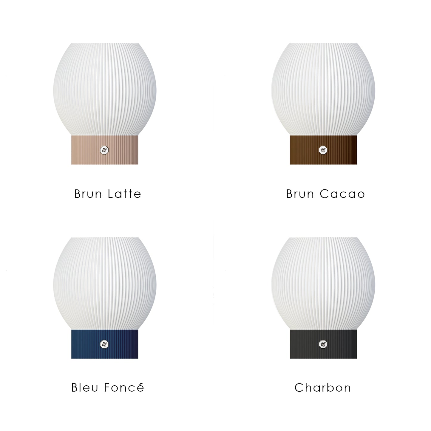 Variations de couleurs disponibles pour la lampe Linea L – brun latte, cacao, charbon, bleu foncé