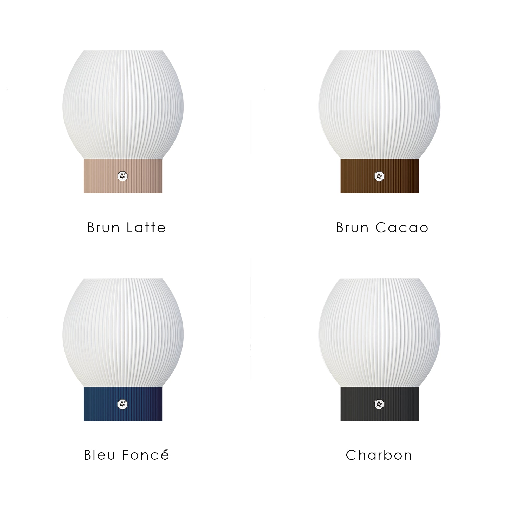 Variations de couleurs disponibles pour la lampe Linea L – brun latte, cacao, charbon, bleu foncé