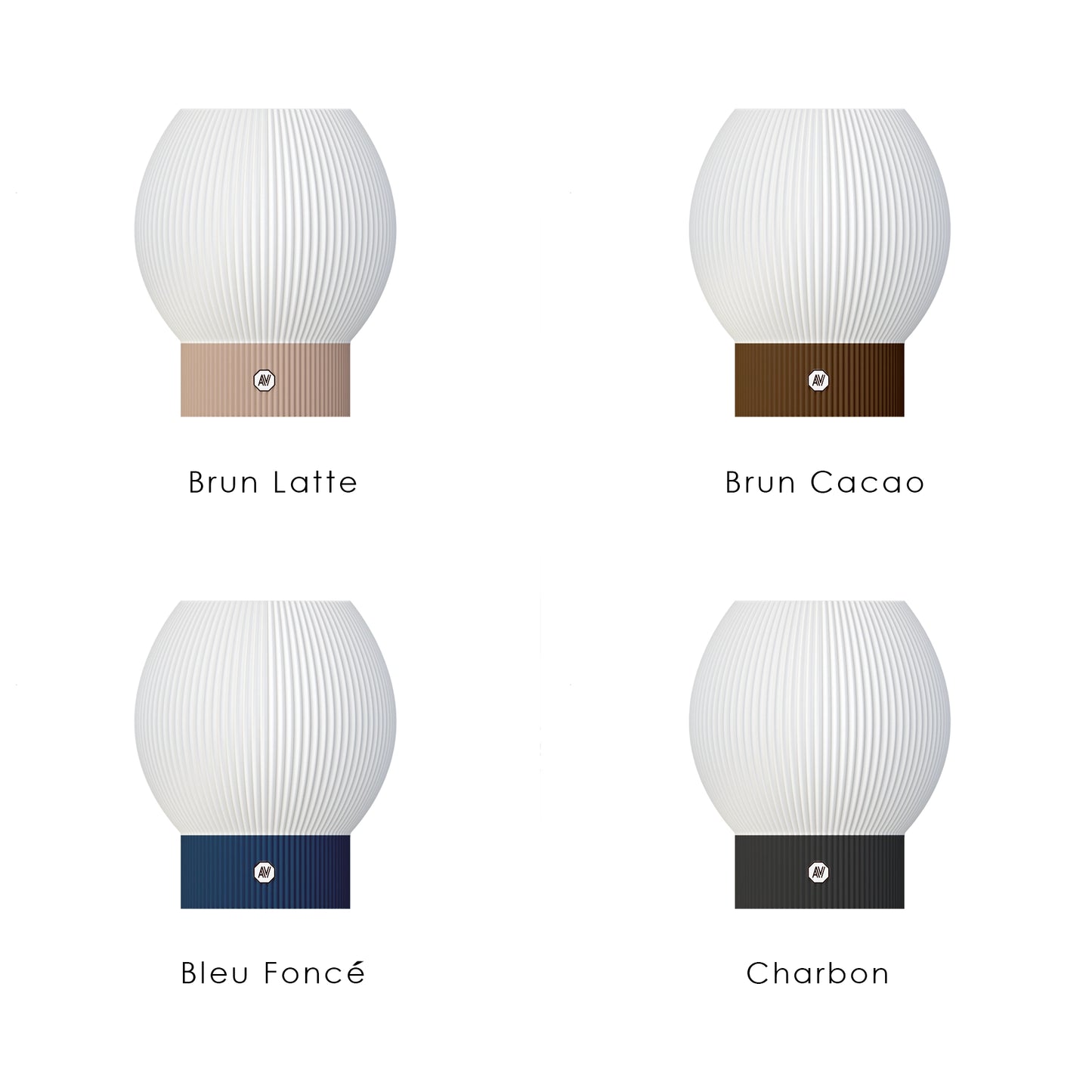 Options de couleurs pour la lampe Linea M – brun latte, cacao, bleu foncé et charbon