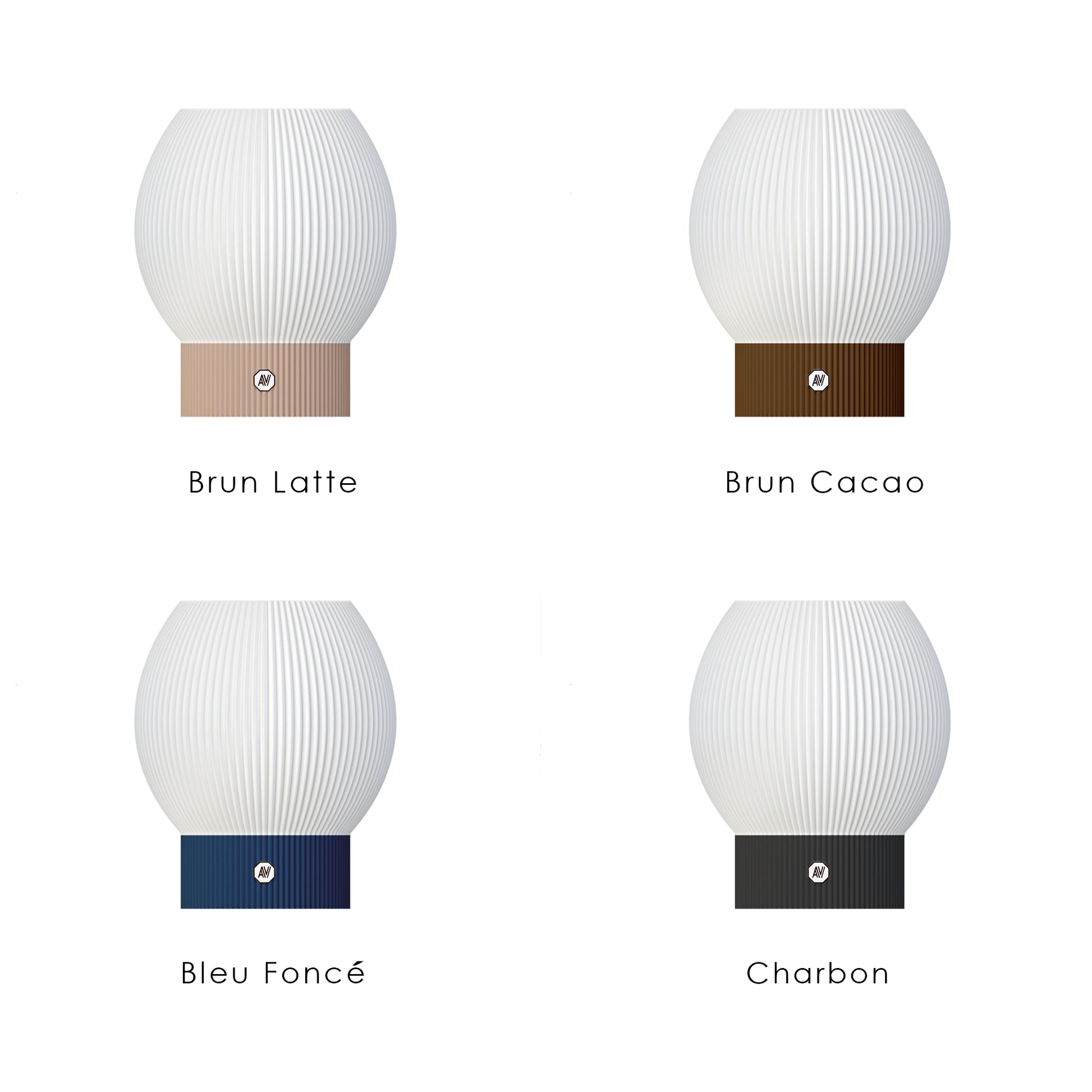 Options de couleurs pour la lampe Linea M – brun latte, cacao, bleu foncé et charbon