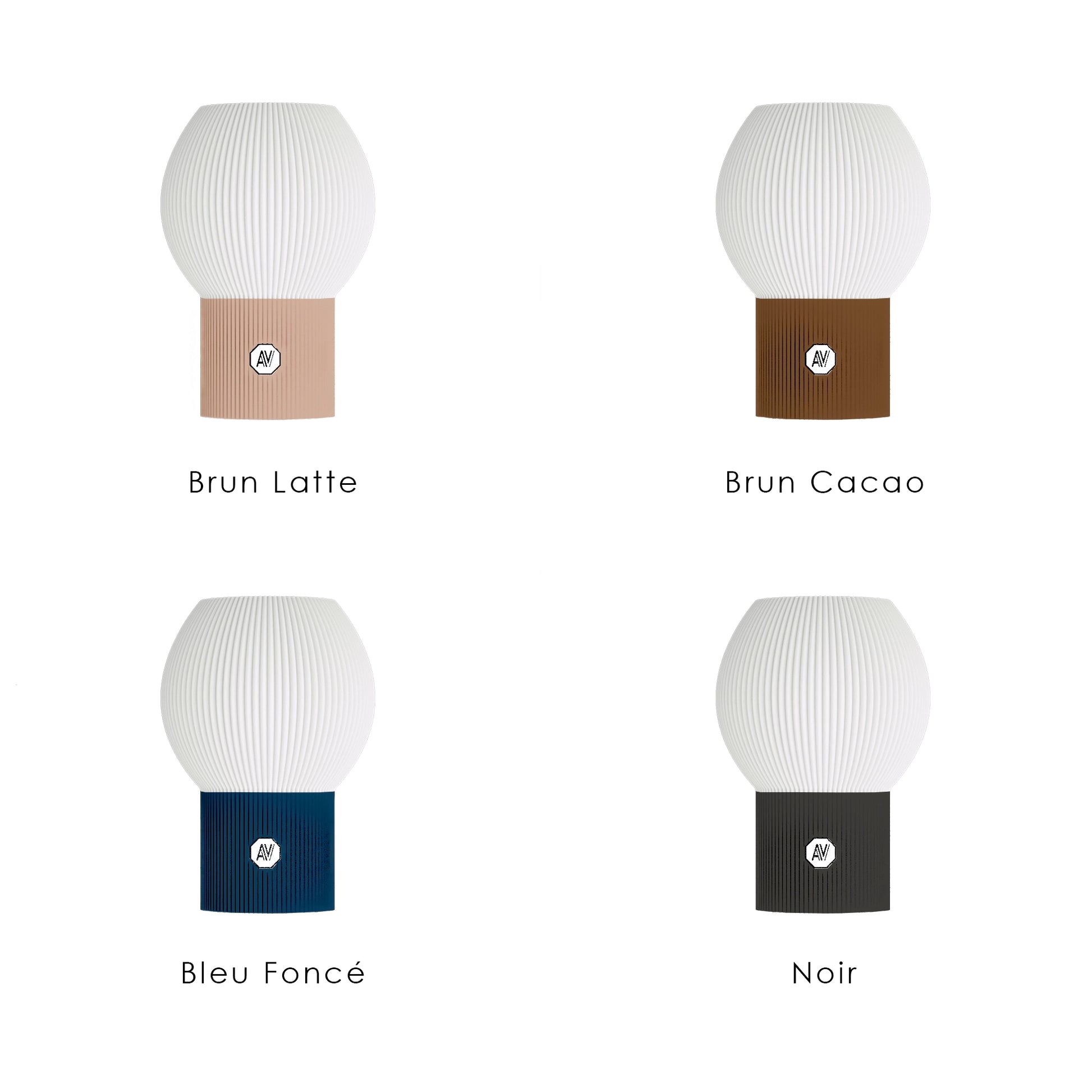 Variations de couleurs de la lampe design écoresponsable AubeVolume — modèles Brun Latte, Brun Cacao, Bleu Foncé et Noir